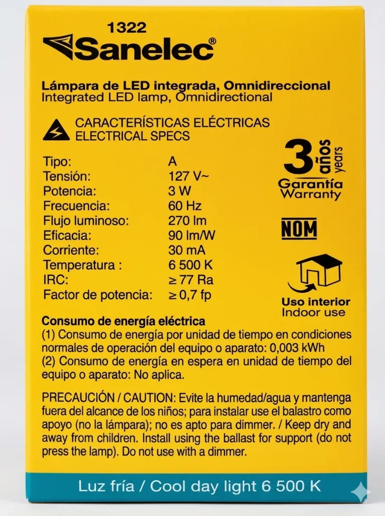 (1322) FOCO LED 3W LUZ BLANCA SANTUL O SANELEC    FICHA TÉCNICA.webp