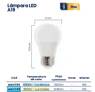 (MRX1188) FOCO BOMBILLA 15W LUZ CALIDA MERCURY
