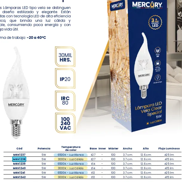 [MRX1238] (MRX1238) FOCO VELA 5W LUZ CALIDA MERCURY