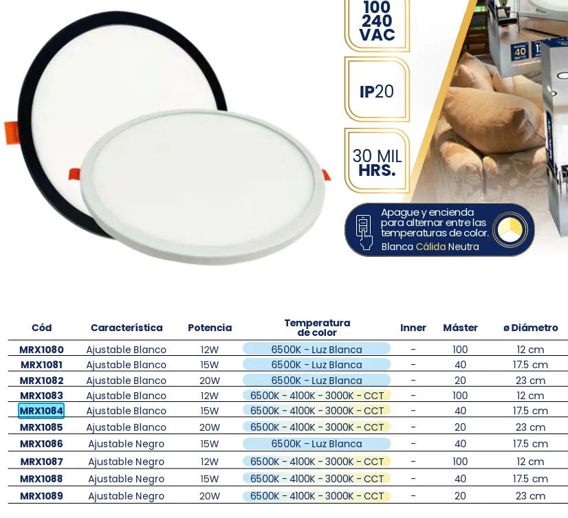 (MRX1084) LUMINARIO AJUSTABLE 15W 3 PASOS  MERCURY