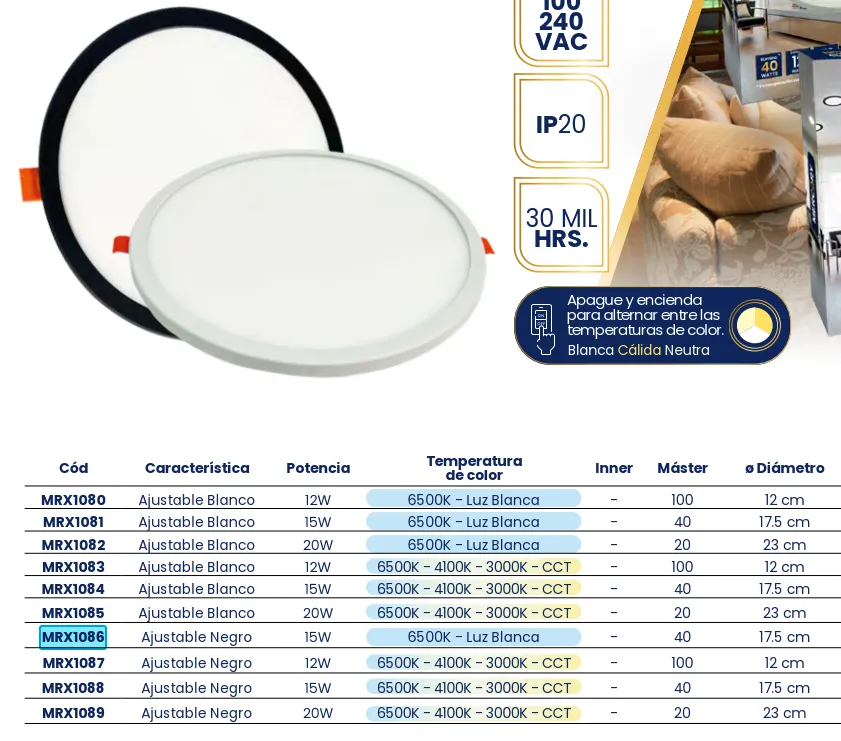 [MRX1086] (MRX1086)LUMINARIO AJUSTABLE 15W ORILLA NEGRA LUZ BLANCA MERCURY
