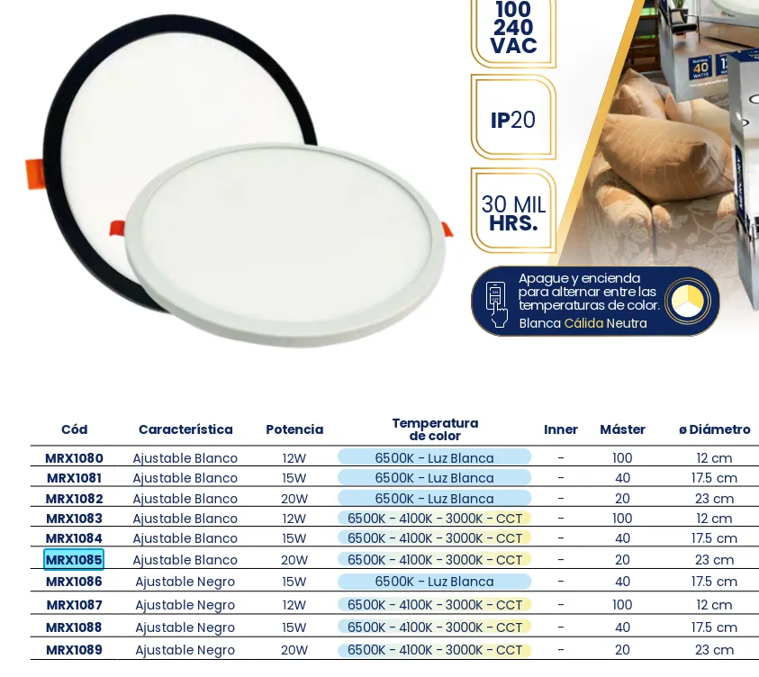 (MRX1085) LUMINARIO AJUSTABLE 20W 3 TONOS MERCURY