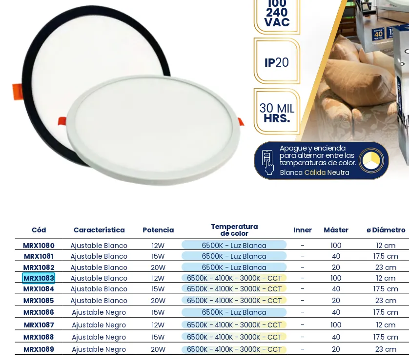 [MRX1083] (MRX1083) LUMINARIO AJUSTABLE 12W 3 TONOS MERCURY