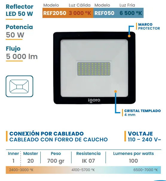 (REF050) REFLECTOR 50W LUZ BLANCA IGOTO