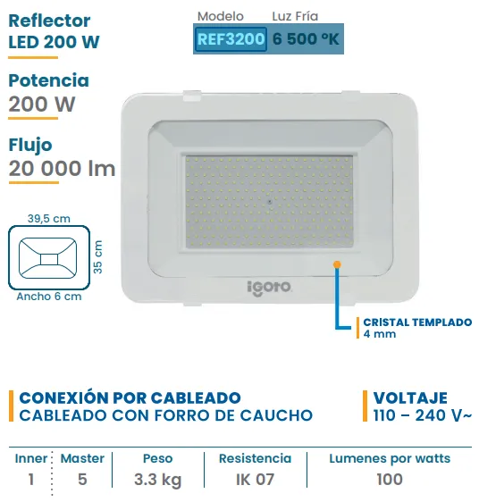(REF3200) REFLECTOR 200W LUZ BLANCA  IGOTO