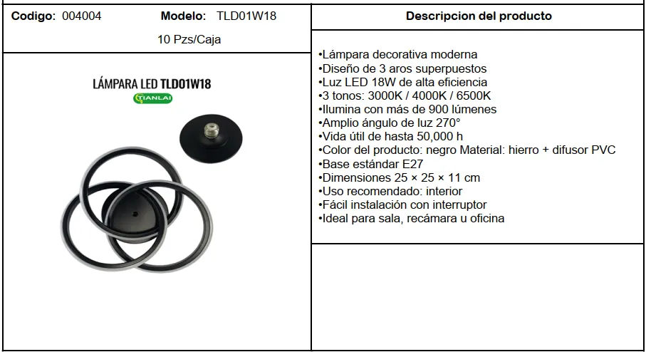 (TLD01W18) LAMPARA LED 18W TIANLAI