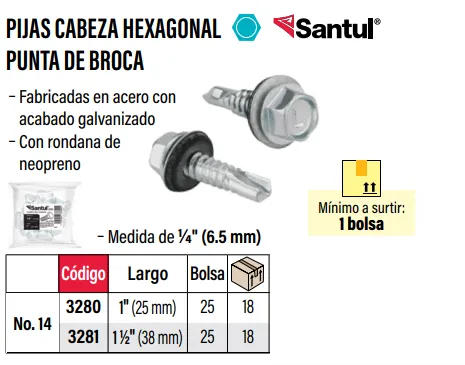 (3281) PIJAS CABEZA HEXAGONAL, PUNTA DE BROCA C/25 PZAS  (SANTUL)