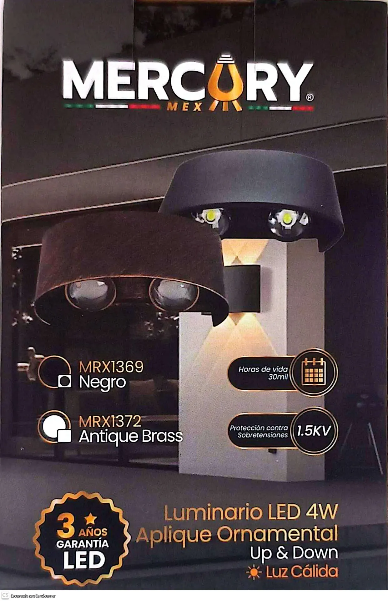 (MRX1369)LUMINARIO UP & DOWN  LUZ CALIDA 4W NEGRO MERCURY