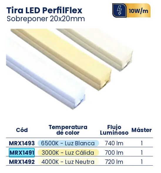 [MRX1491] (MRX1491)TIRA LED PERFILFLEX SOBREPONER 25M LUZ CALIDA 20X 20 MERCURY