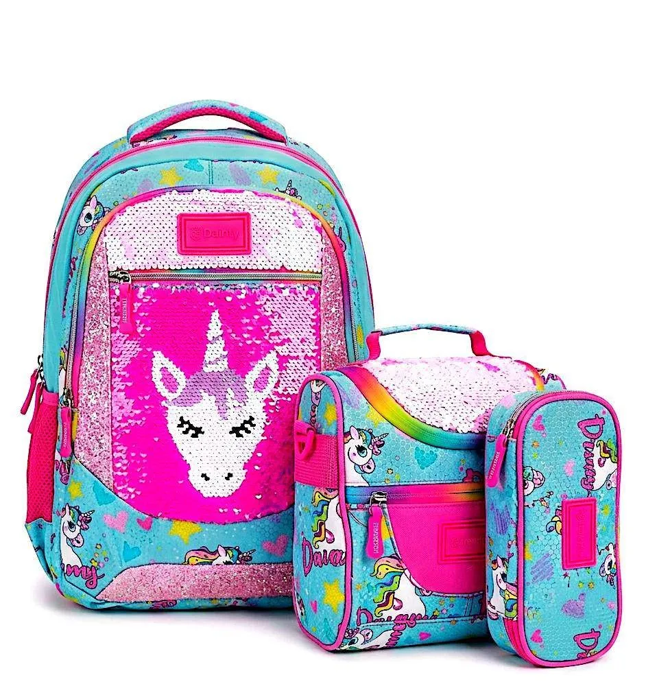 (M27) MOCHILA REFORZADA  LENTEJUELA COMBO 3 PZAS