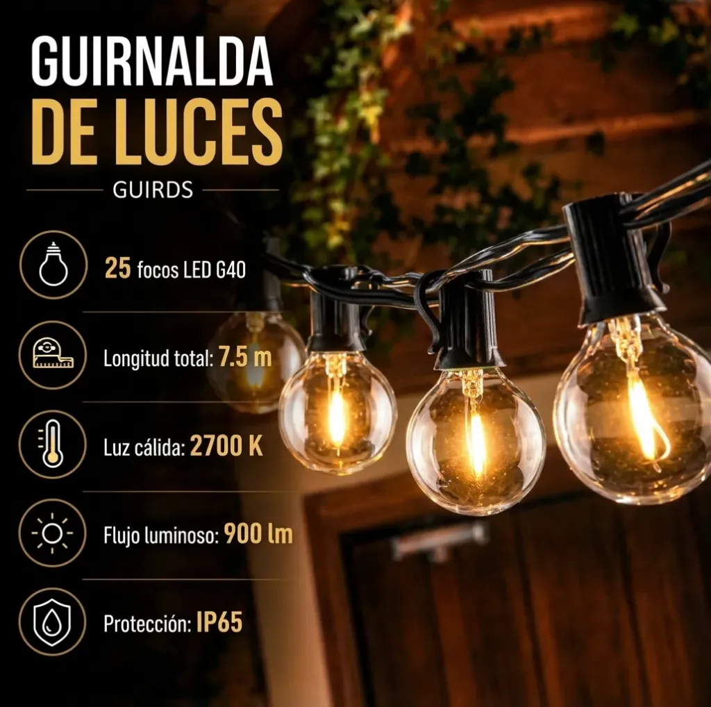 (GUIR05) GUIRNALDA LUZ CALIDA C/25 FOCOS REDONDOS 8.6M MEGALUZ