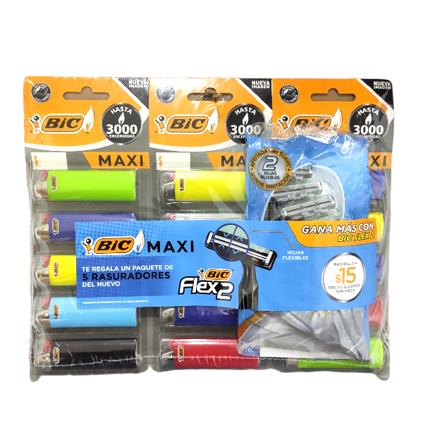 [ENCENDEDOR BIC MAXI] ENCENDEDOR BIC MAXI  C/15 PZAS + 5 RASTRILLOS  BC DE REGALO  (H)