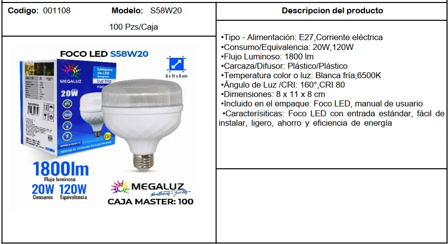 (S58W20) FOCO LED MEGALUZ 20W