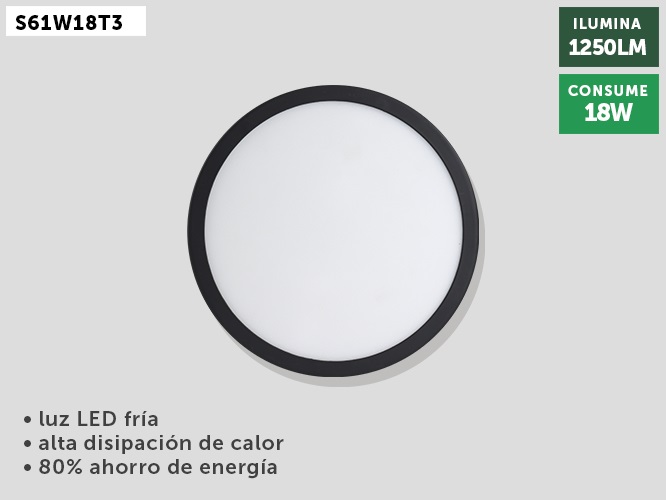 (S61W18T3) LUMINARIO AJUSTABLE 18W 3 TONOS ORILLA NEGRA MEGALUZ