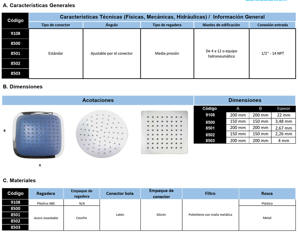 [8503] (8503) REGADERA CUADRADA SANTUL 8"