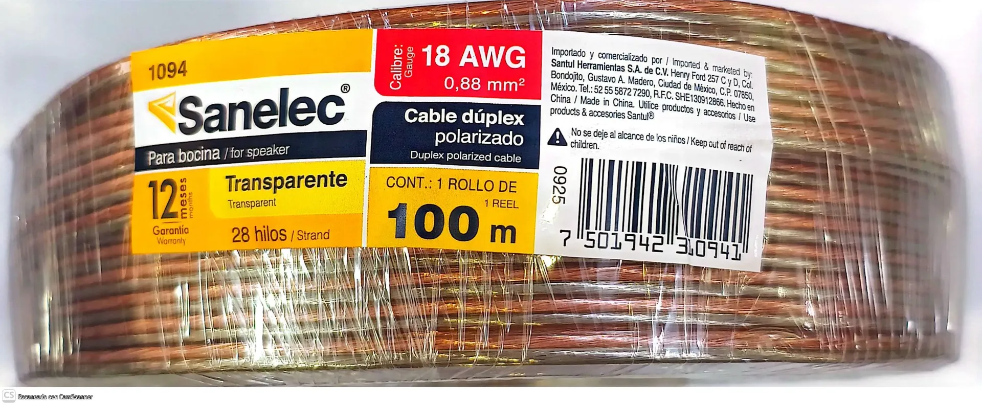(1094) CABLE P/BOCINA CAL.18 TRANSPARENTE SANTUL