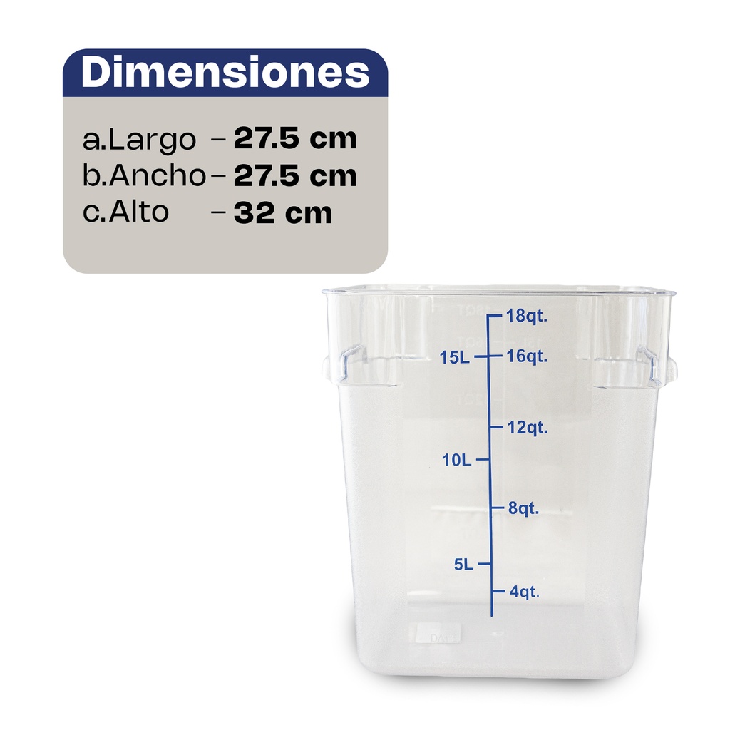 [REPOCU-18] RECIPIENTE DE POLICARBONATO GRADUADO CUADRADO, CAPACIDAD DE 18 QT