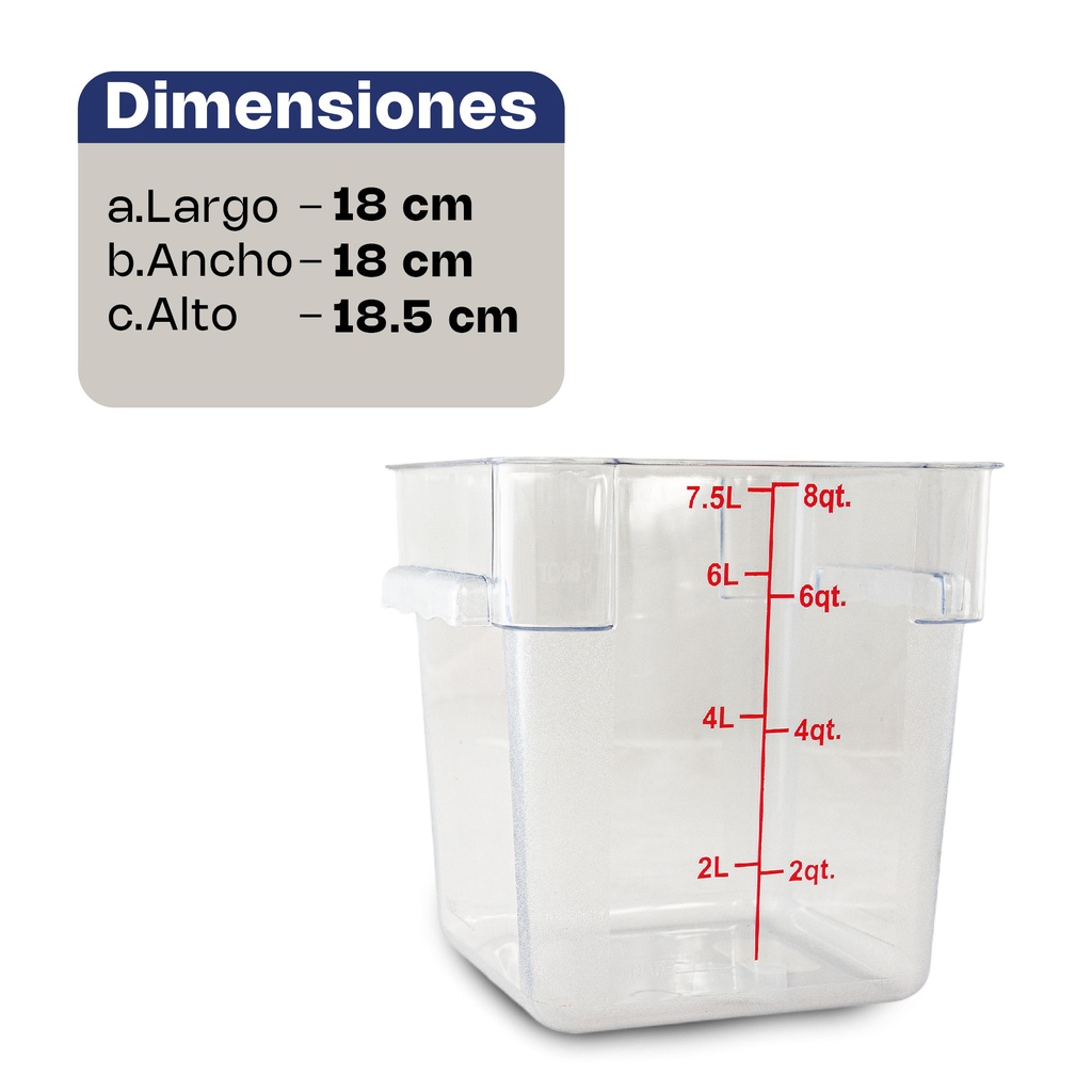 [REPOCU-8] RECIPIENTE DE POLICARBONATO GRADUADO CUADRADO, CAPACIDAD DE 8 QT