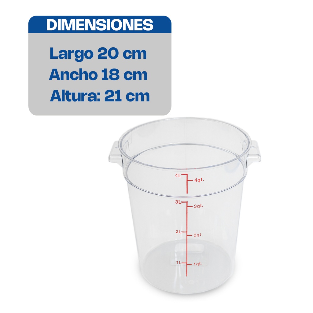 RECIPIENTE DE POLICARBONATO GRADUADO REDONDO, CAPACIDAD DE 4 QT