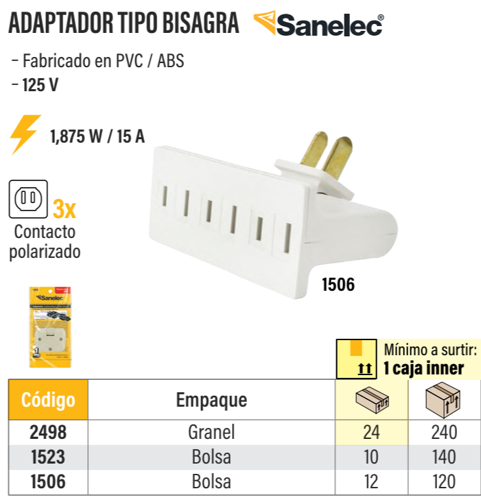 (1506) ADAPTADOR MULTICONTACTO 3 ENTRADAS TIPO BISAGRA (SANELEC-SANTUL)