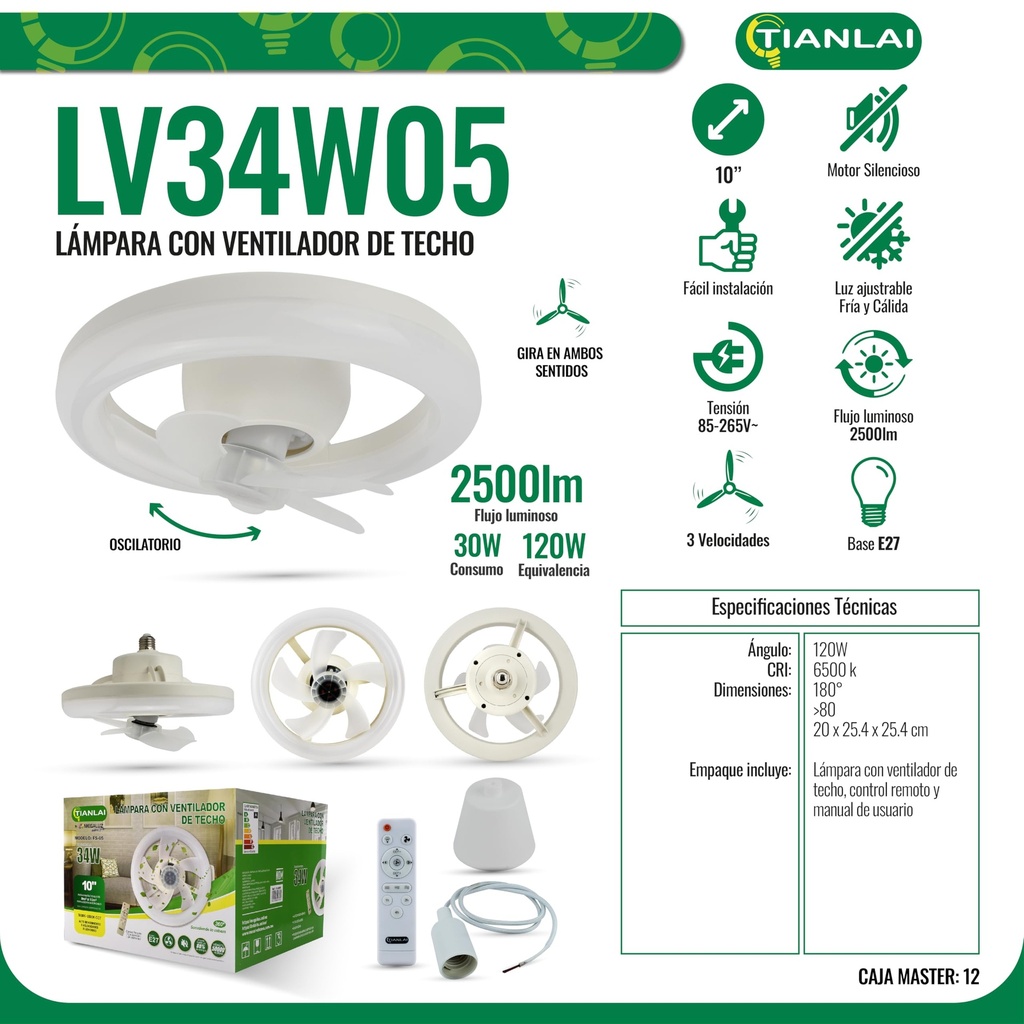 (LV34W05) LAMPARA VENTILADOR TIANLAI/MEGALUZ