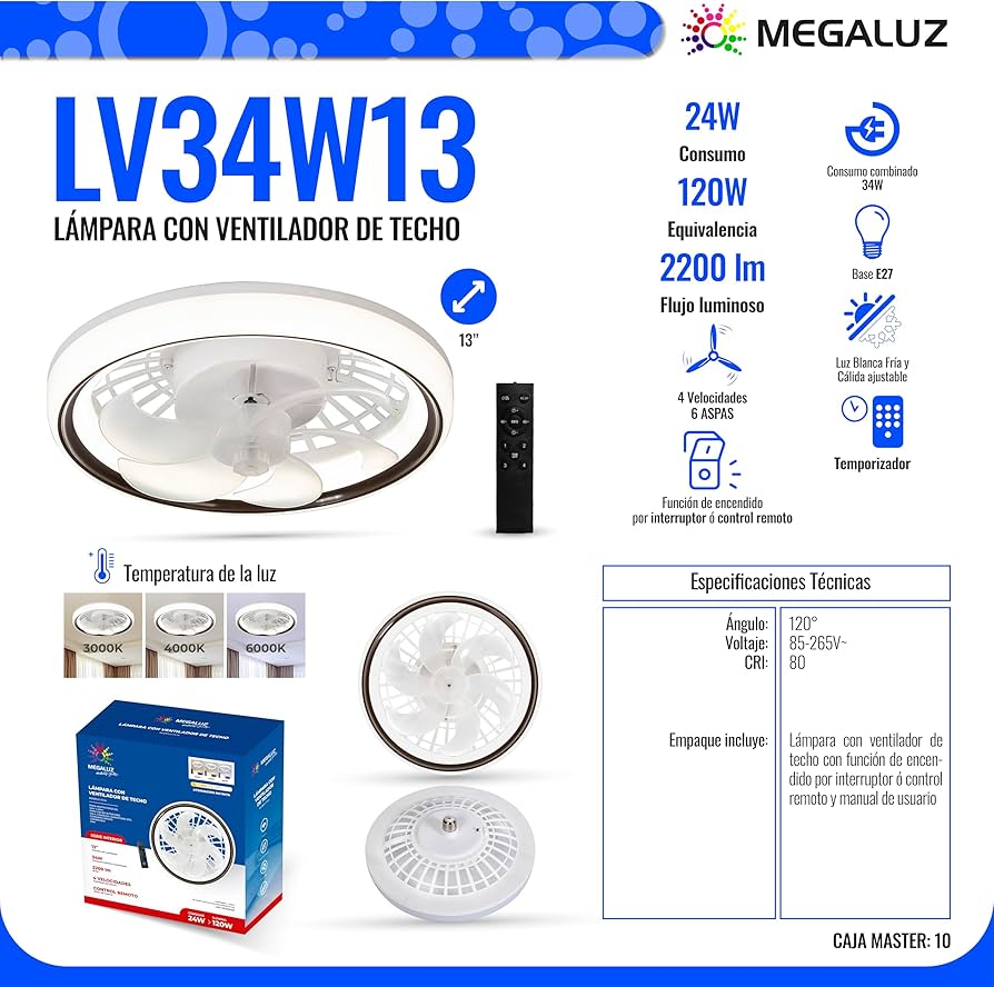 (LV34W13) LAMPARA VENTILADOR TIANLAI/MEGALUZ