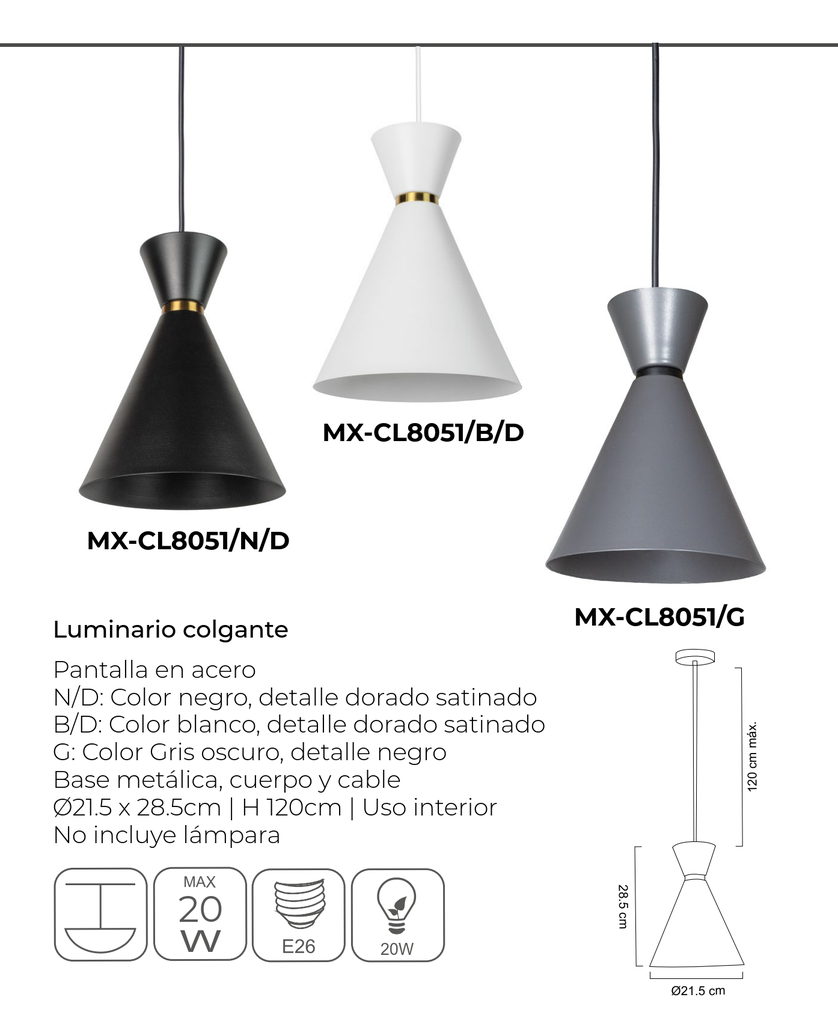 [MX-CL8051/B/D] (MX-CL8051/B/D) LUMINARIO COLGANTE LAMINA ACERO BLANCO MAXXI