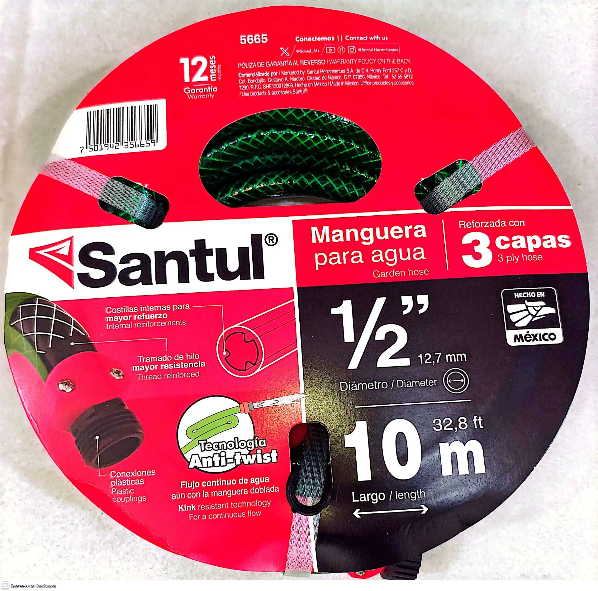 [5665] (5665) MANGUERA 10M 1/2"  REFORZADA 3 CAPAS SANTUL