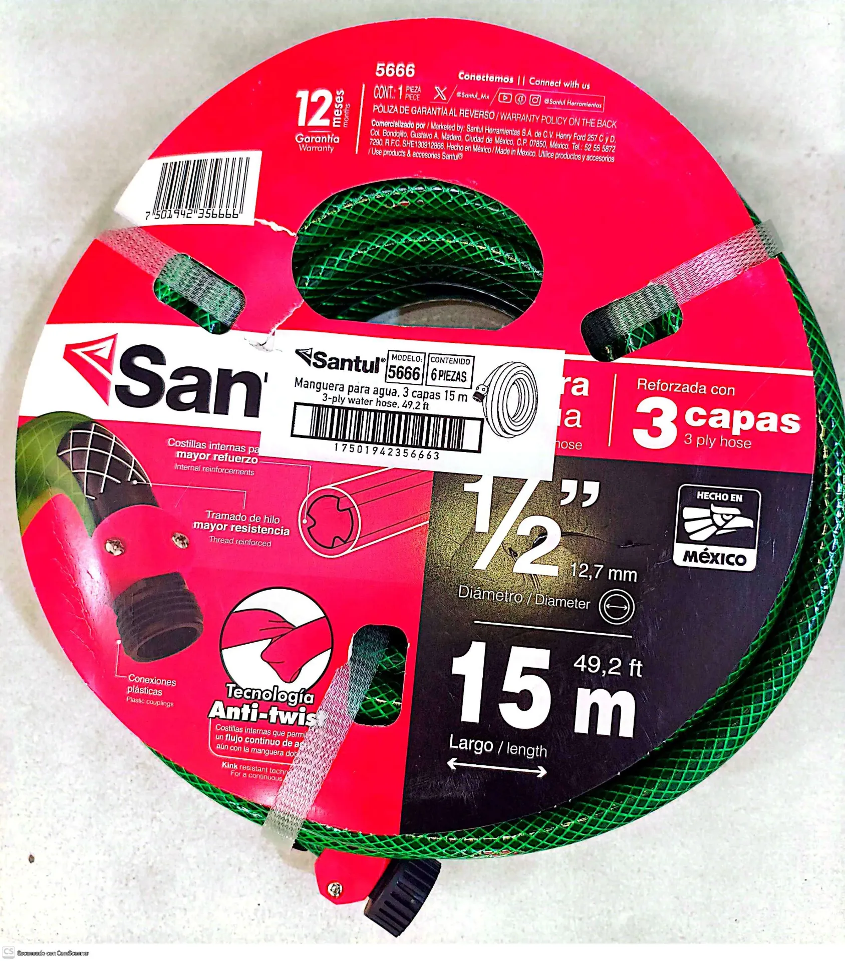 (5666) MANGUERA 15M 1/2"  REFORZADA 3 CAPAS SANTUL