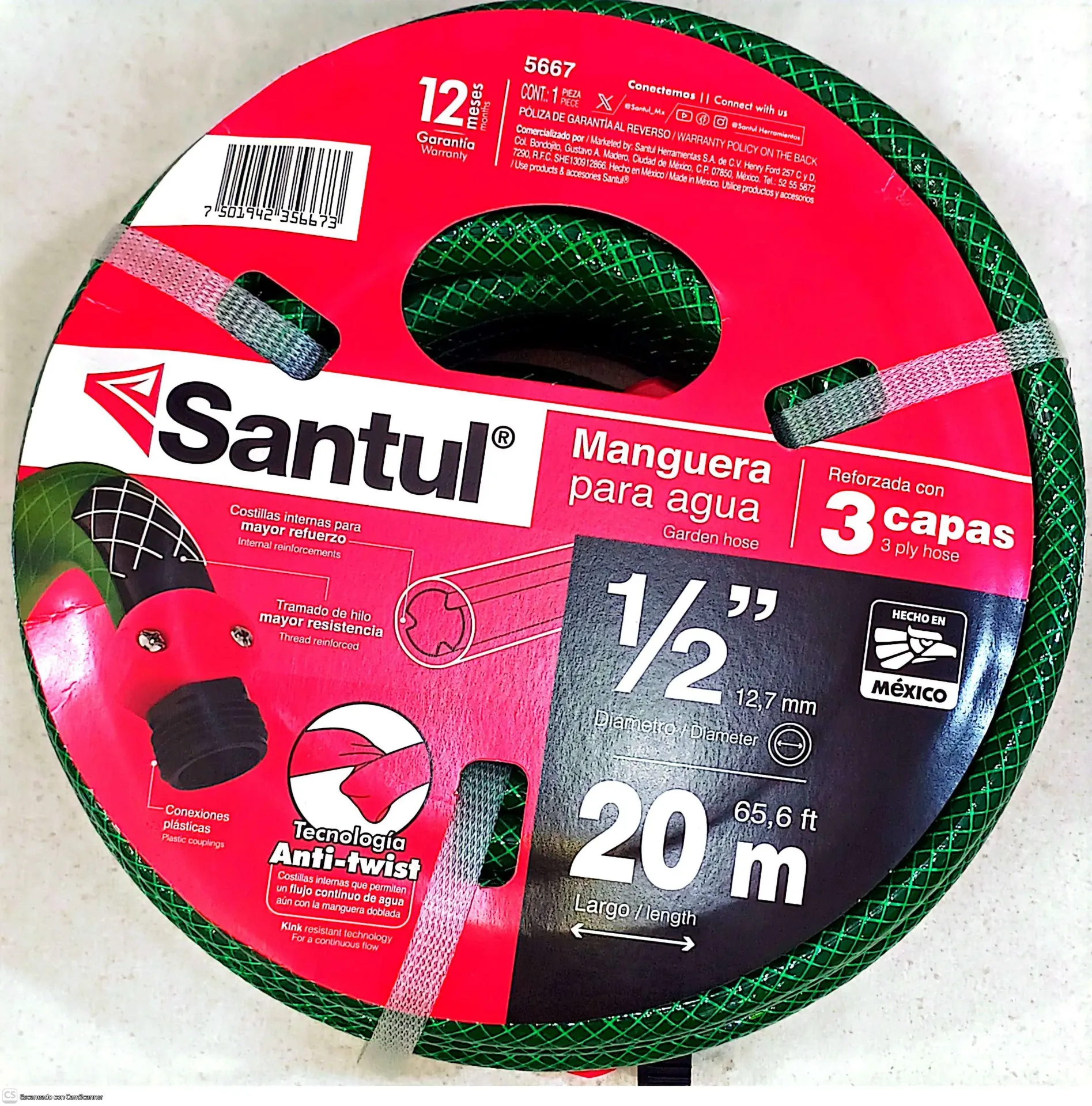 (5667) MANGUERA 20M 1/2"  REFORZADA 3 CAPAS SANTUL