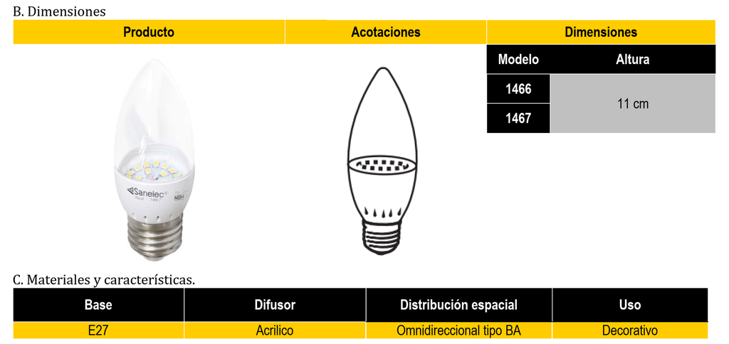 (1466) FOCO LED TIPO VELA 4W LUZ BCA (E27) SANTUL