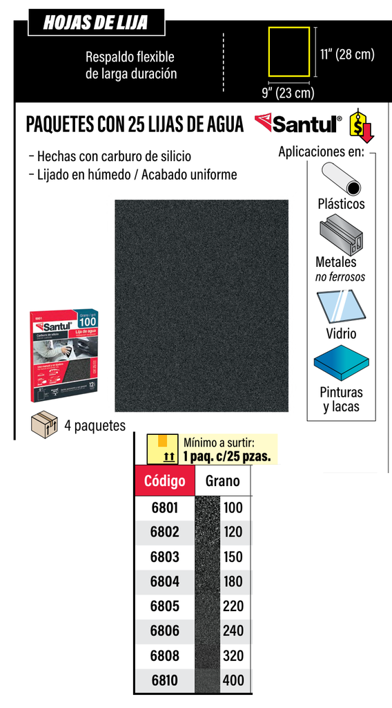 (6804) LIJA DE AGUA GRANO 180  (PZA) SANTUL 