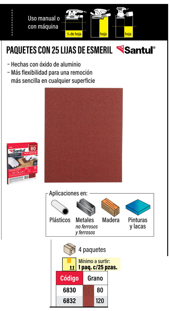 (6832) LIJA DE ESMERIL ROJA GRANO 120 8PZA) SANTUL