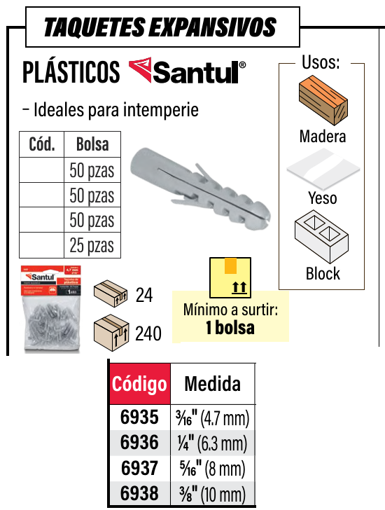 [6936] (6936) TAQUETES PLASTICOS 1/4" 50PZAS SANTUL