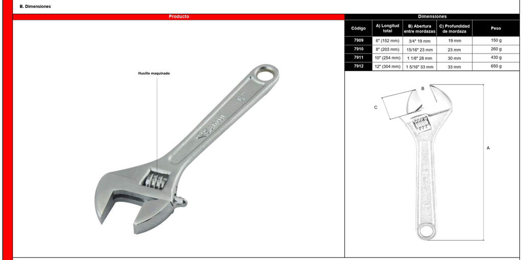 (7909)  LLAVE AJUSTABLE (PERICO) 3/4 X6 CROMADA SANTUL