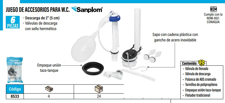[8533] (8533) ACCESORIOS PARA WC DE PVC C/6 PZAS SANTUL