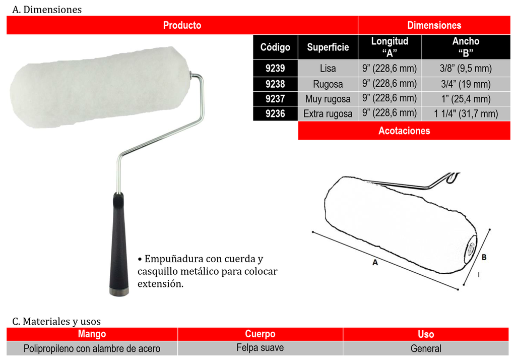 (9238) RODILLO PROFESIONAL DE 9X 3/4 SUPERFICIES RUGOSAS SANTUL