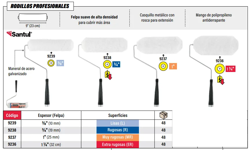 [9239] (9239)  RODILLO PROFESIONAL DE 9X 3/8 SUPERFICIES LISAS SANTUL