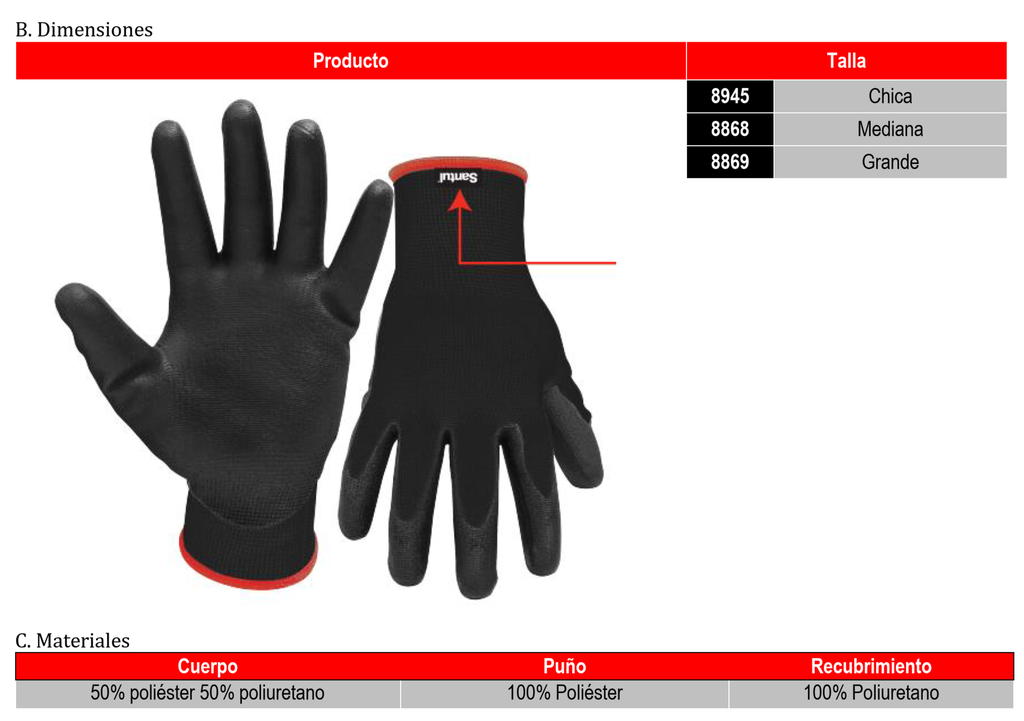 (8868) GUANTE  MEDIANO NYLON PALMA POLIURETANO SANTUL