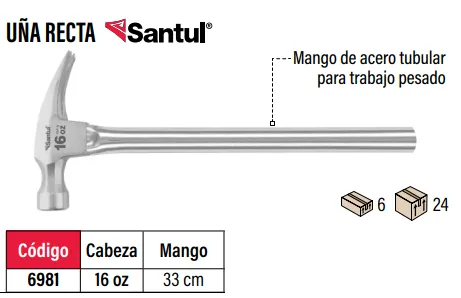 (6981) MARTILLO 16 OZUÑA RECTA MANGO TUBULAR SANTUL