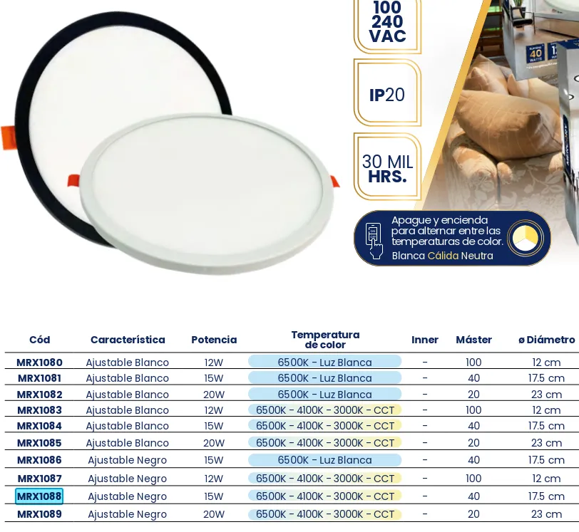 [MRX1088] (MRX1088) LUMINARIO 15W ORILLA NEGRA 3 TONOS  MERCURY