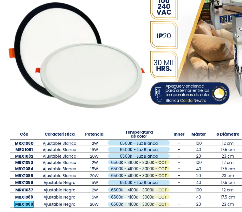 [MRX1089] (MRX1089) LUMINARIO AJUSTABLE 20W ORILLA NEGRA 3 TONOS MERCURY