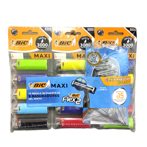 [ENCENDEDOR BIC MAXI] ENCENDEDOR BIC MAXI  C/15 PZAS + 5 RASTRILLOS  BC DE REGALO  (H)