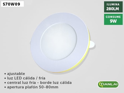 [S70W09] LUMINARIO LED SLIM 9W LUZ CALIDA/FRIA BORDE LUZ CALIDA  TIANLAI