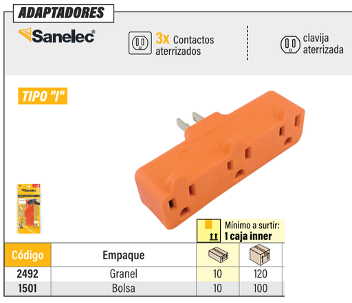 [1501] (1501) ADAPTADOR MULTICONTACTO (NARANJA) 3 ENTRADAS (SANTUL-SANELEC)