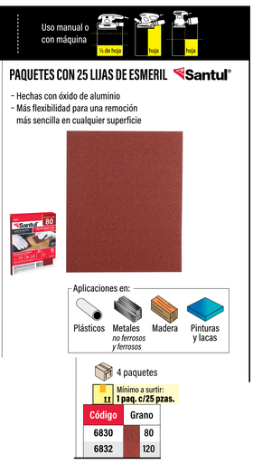 [6830] (6830) LIJA DE ESMERIL ROJA GRANO 80 8PZA) SANTUL